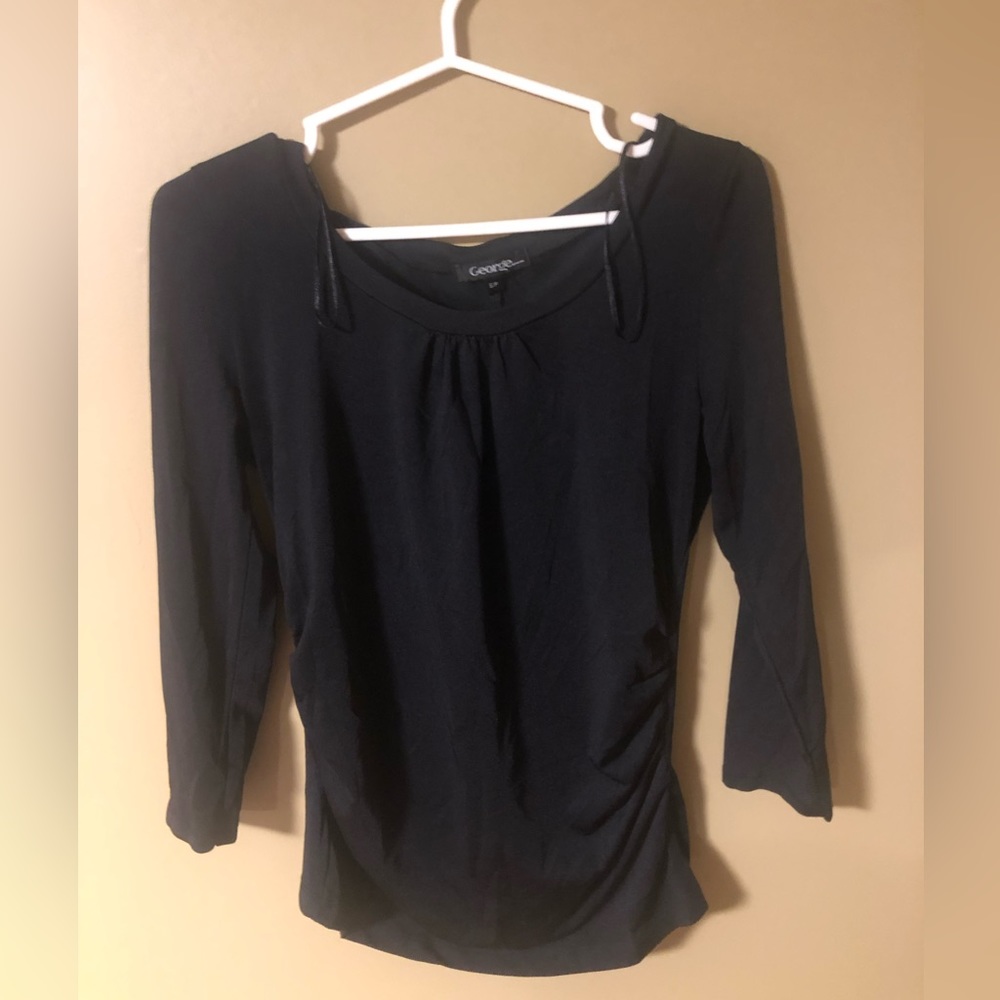Solid Black Round Neck Qtr Long Sleeve Blouse Top Size Small